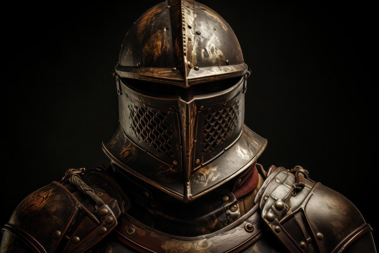 Medieval knight in armor posing in darkness photo