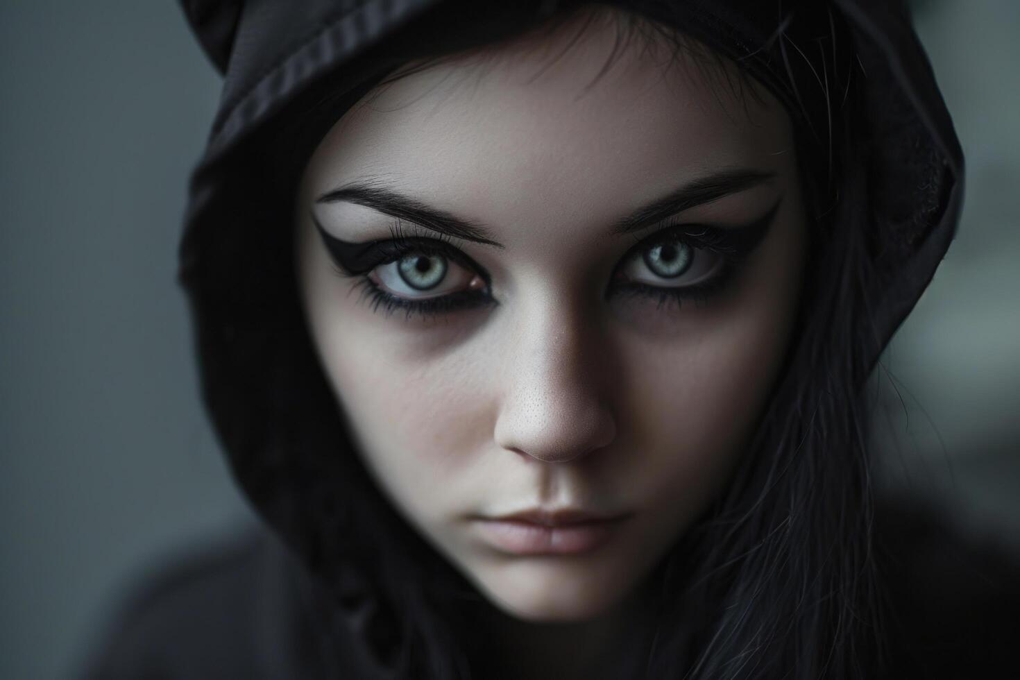 Mysterious person with intense gaze wearing a hood photo
