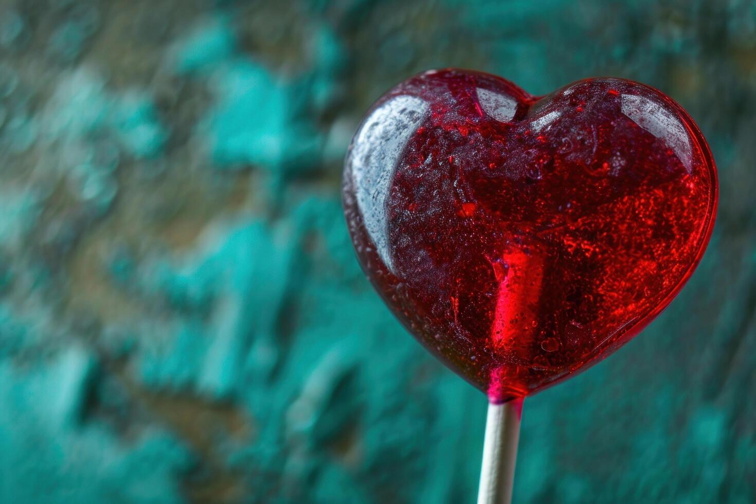 Red heart shaped lollipop on a textured turquoise background photo