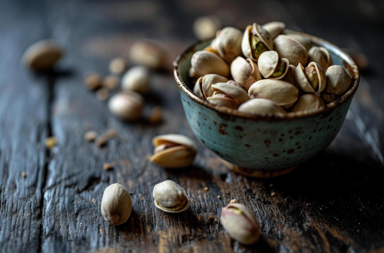 Bowl of Pistachios on Rustic Wooden Table photo