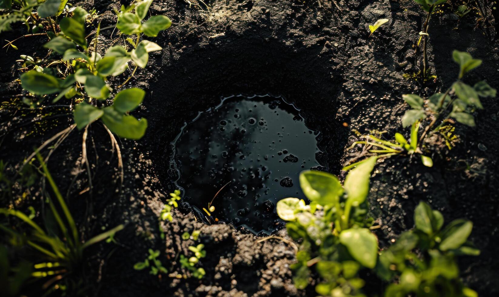 Close up of water filled hole surrounded by green plants photo