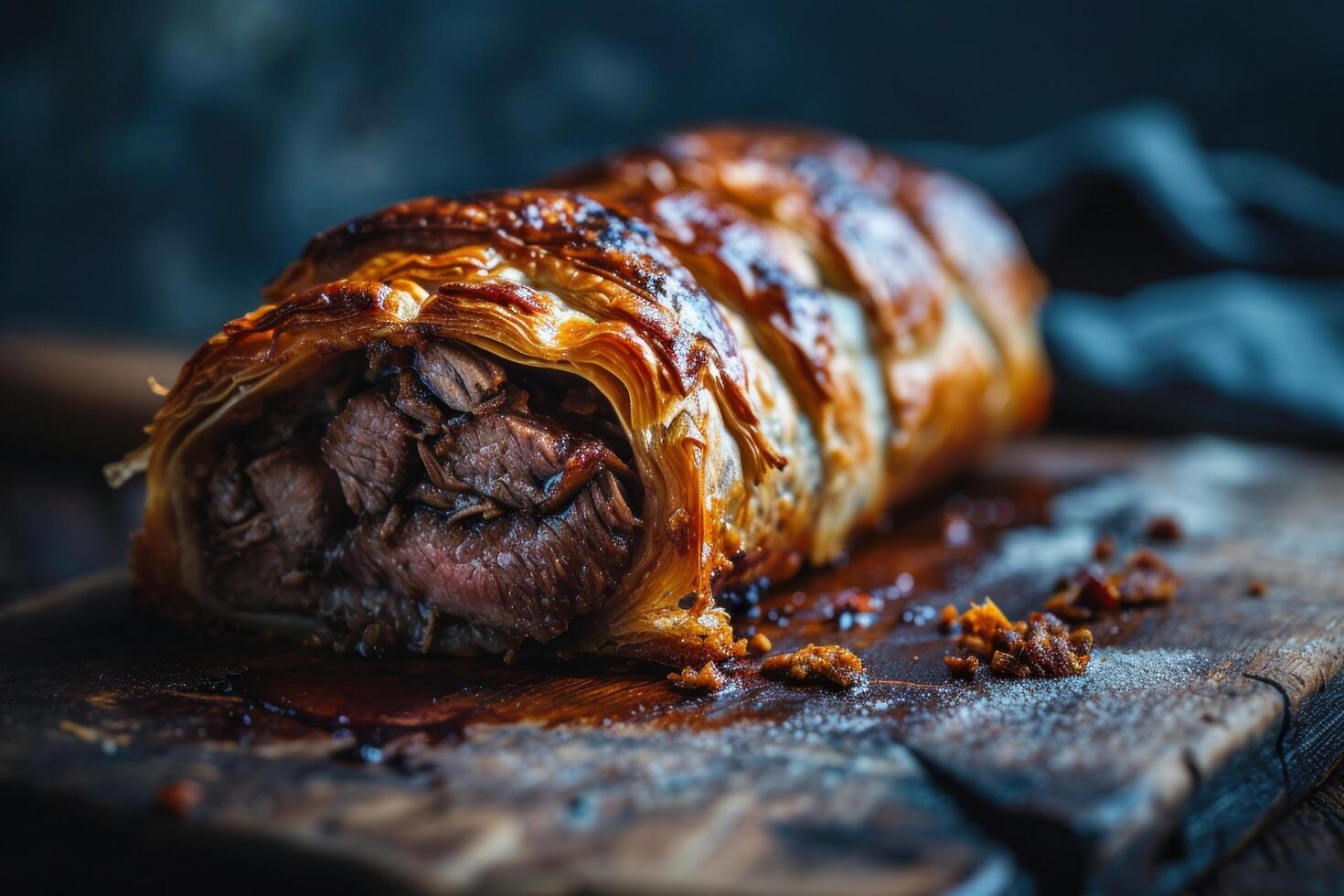 Gourmet Beef Wellington on a Rustic Wooden Board photo