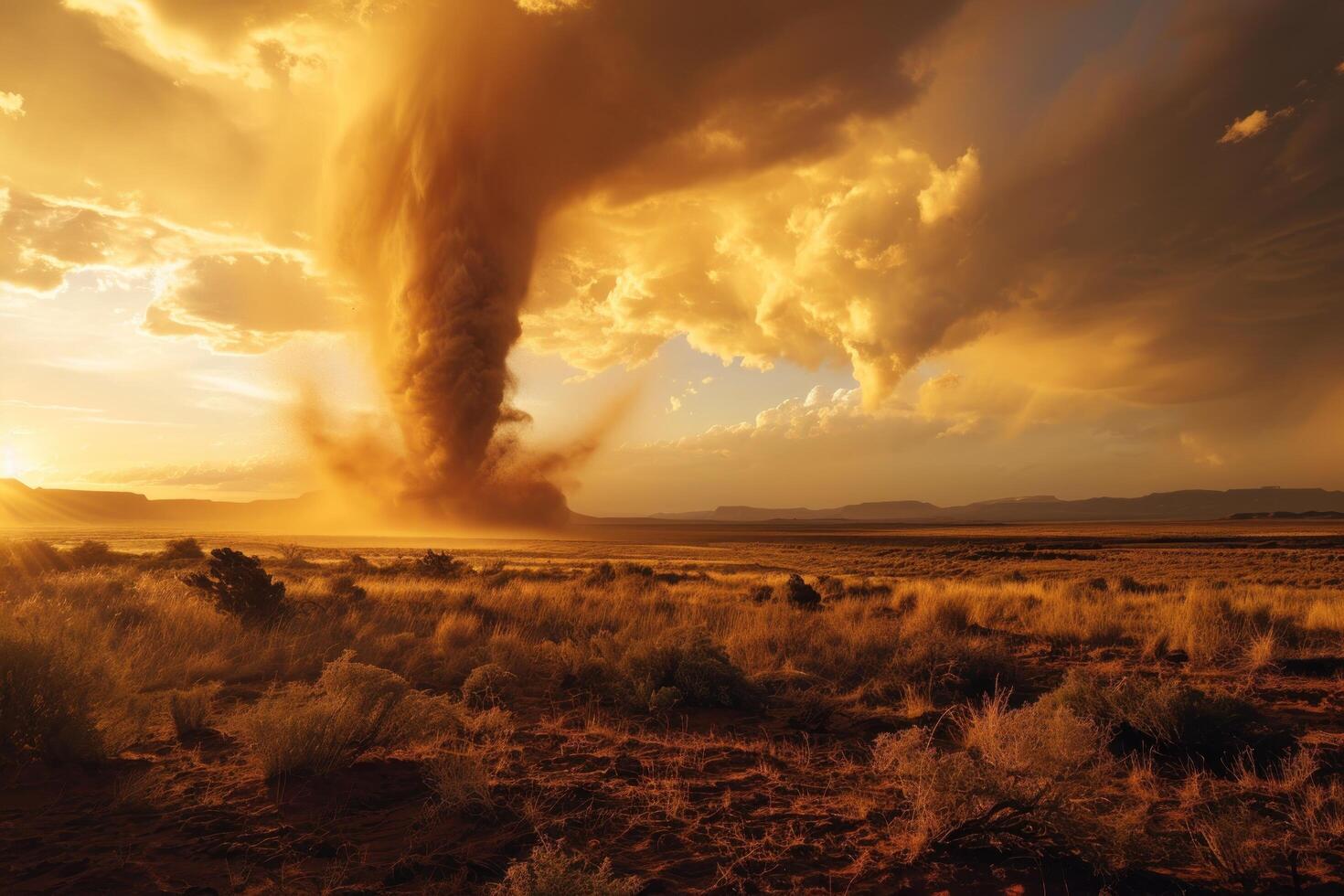 Dramatic Tornado Touching Down at Sunset in Desert Landscape photo