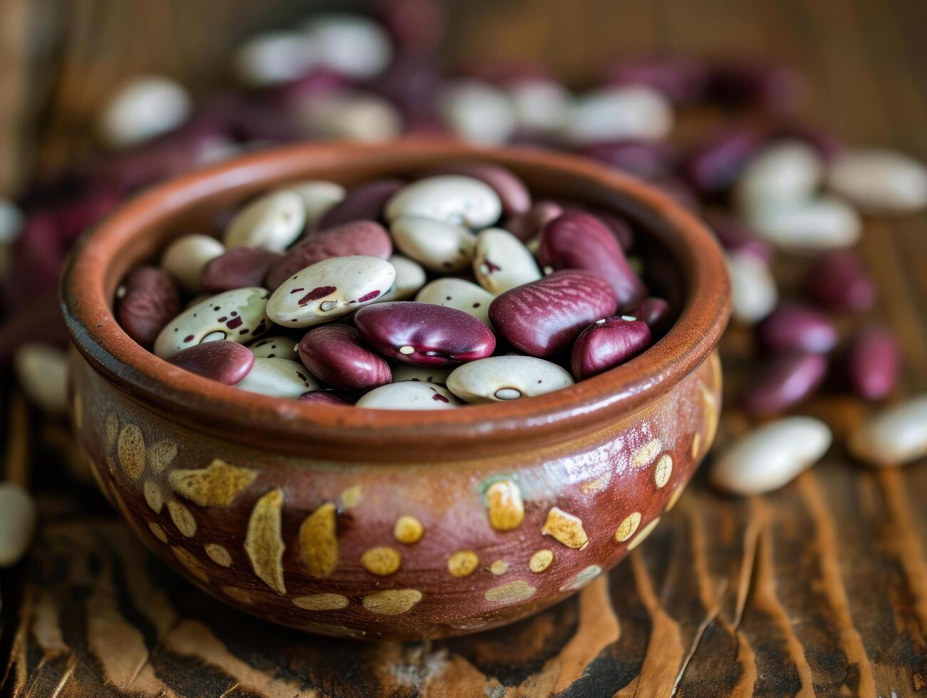 Assorted beans in a rustic ceramic bowl on a wooden surface photo