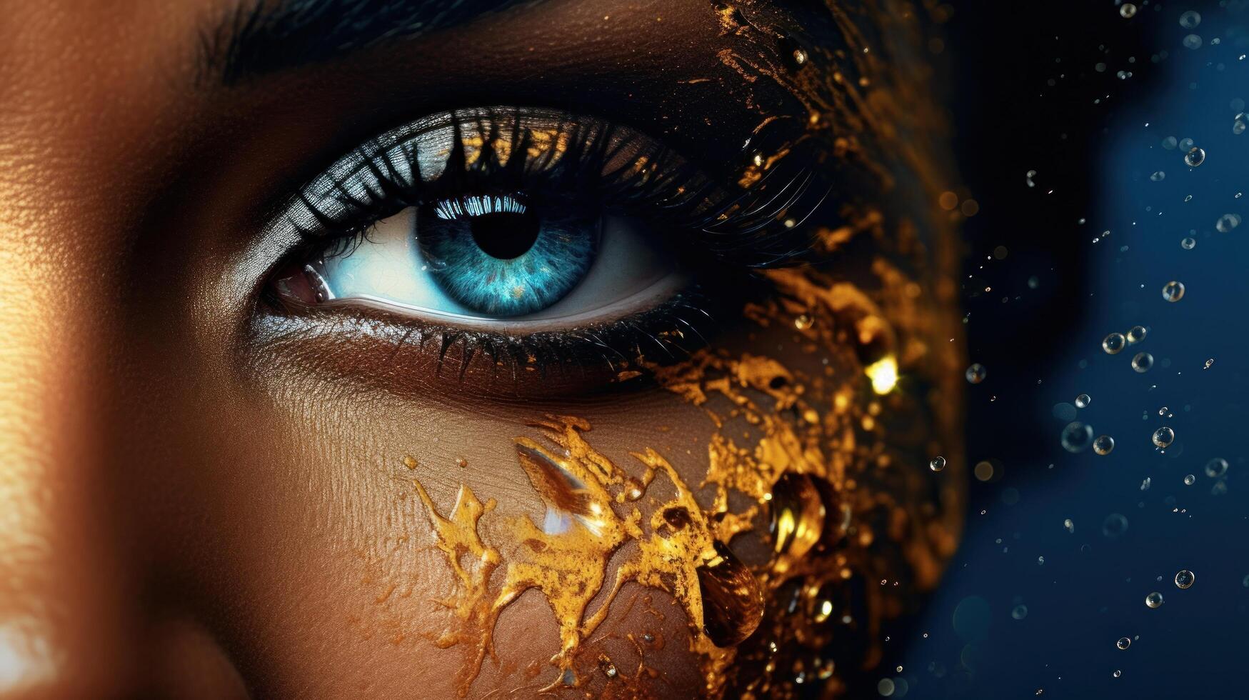 Close up of a womans eye with artistic golden makeup and water droplets photo