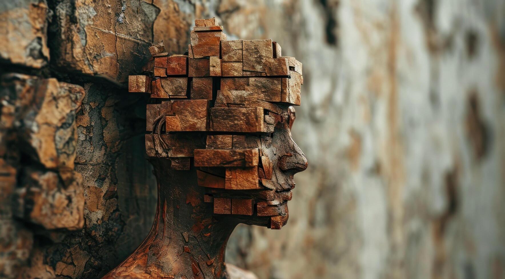 Conceptual Art of a Wooden Block Head Merging with a Stone Wall photo