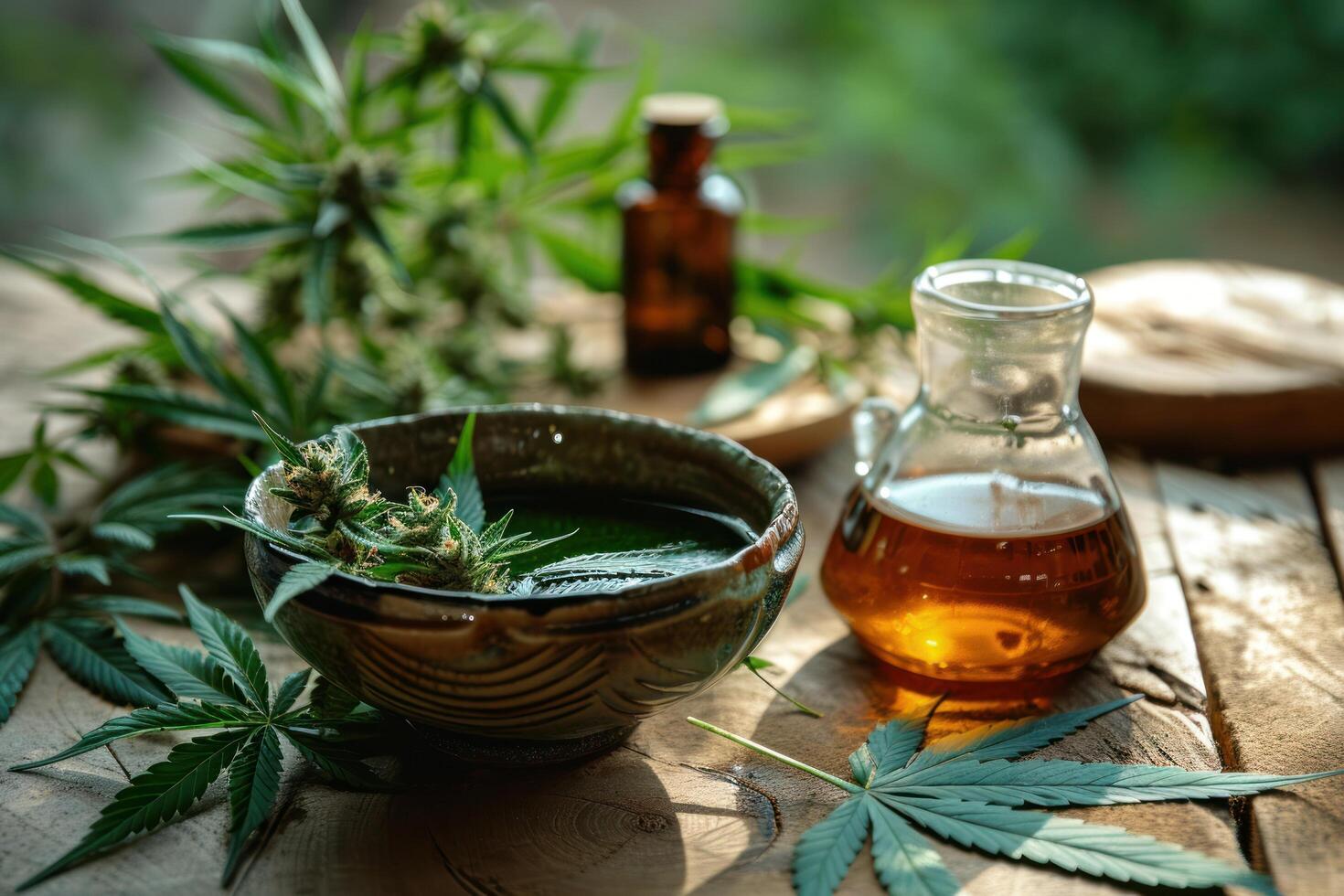 Cannabis leaves and CBD oil on a wooden surface photo