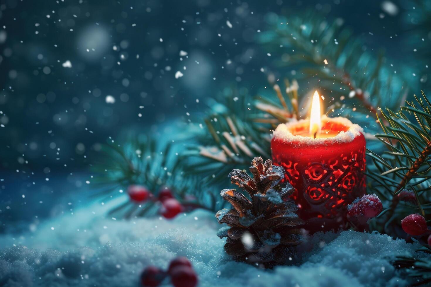 Festive Candle and Pine Branches in Snowy Setting photo