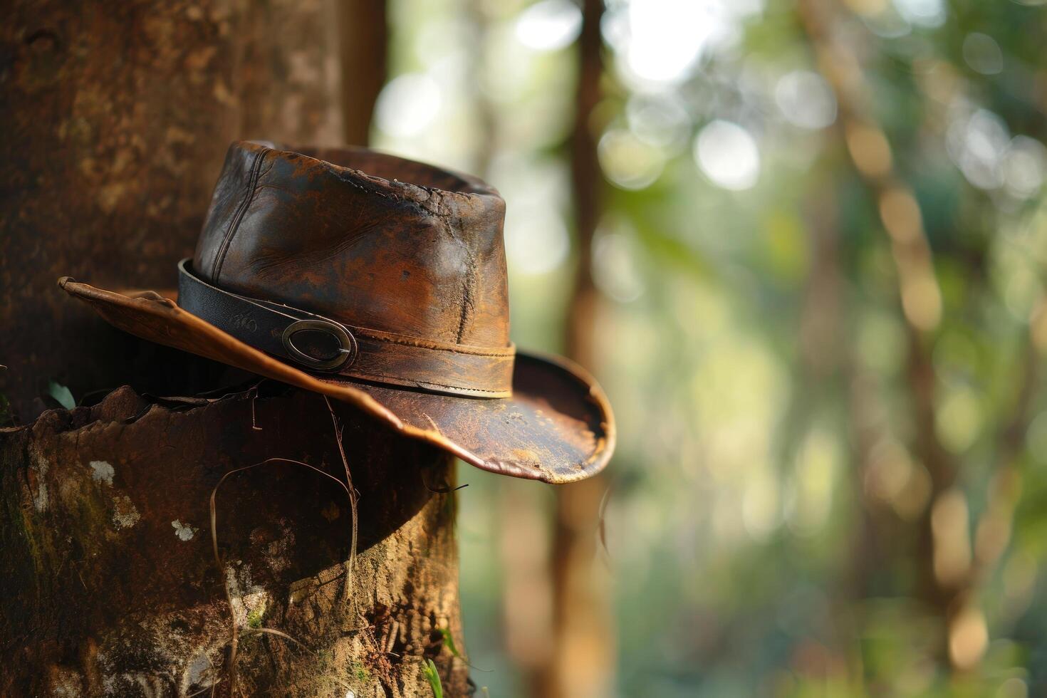 Leather hat resting on a tree stump in the forest photo