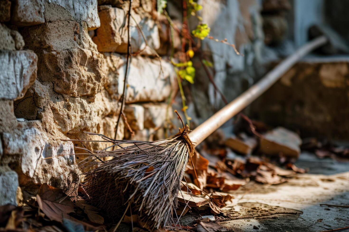 Old broom leaning against a rustic stone wall photo