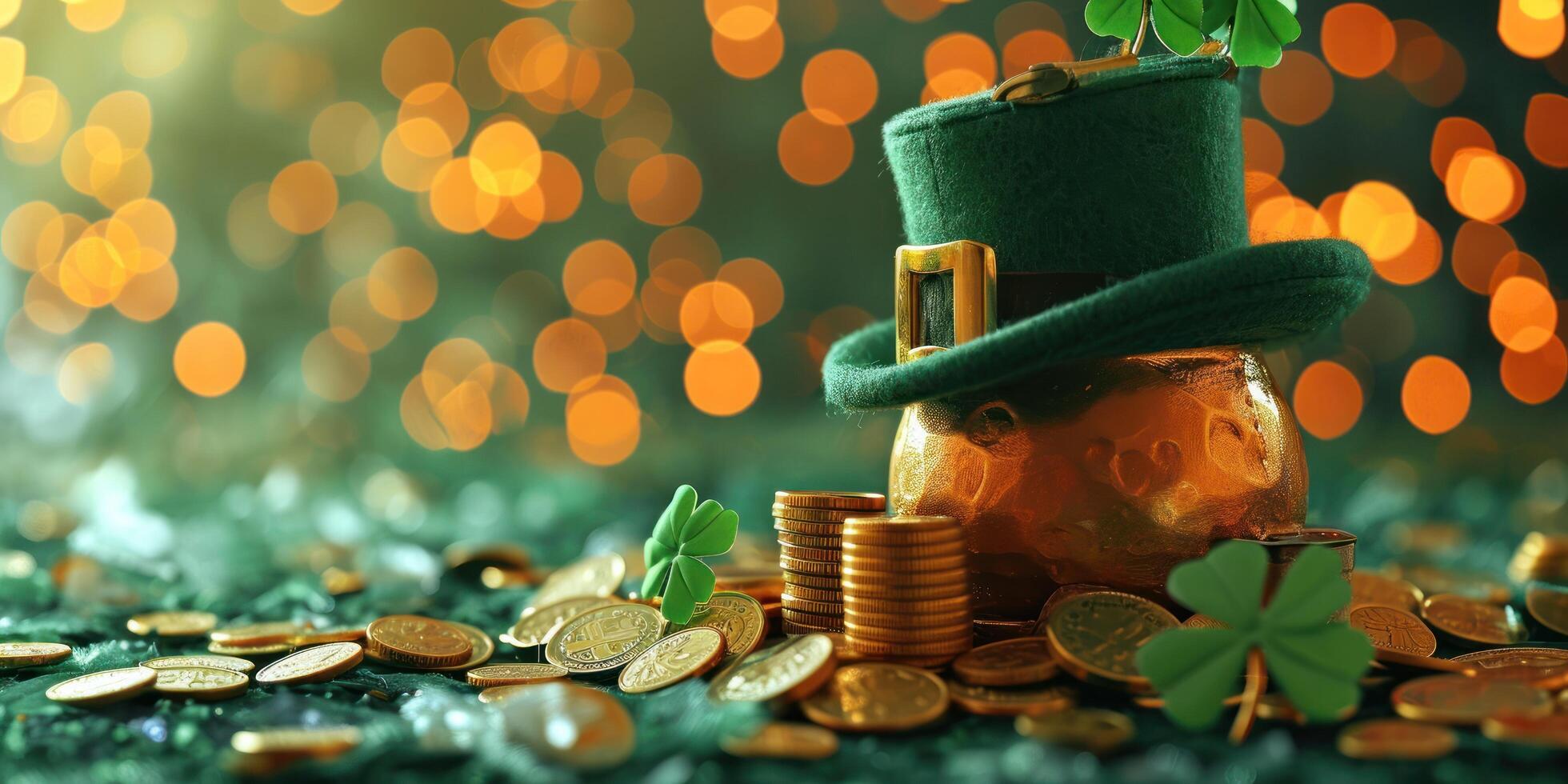 St Patricks Day Concept with Pot of Gold and Leprechaun Hat photo
