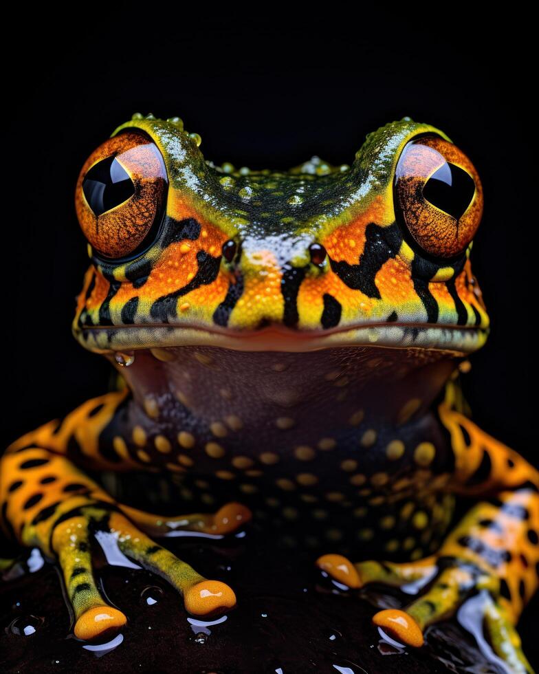 Close up of a Colorful Frog on a Dark Background photo