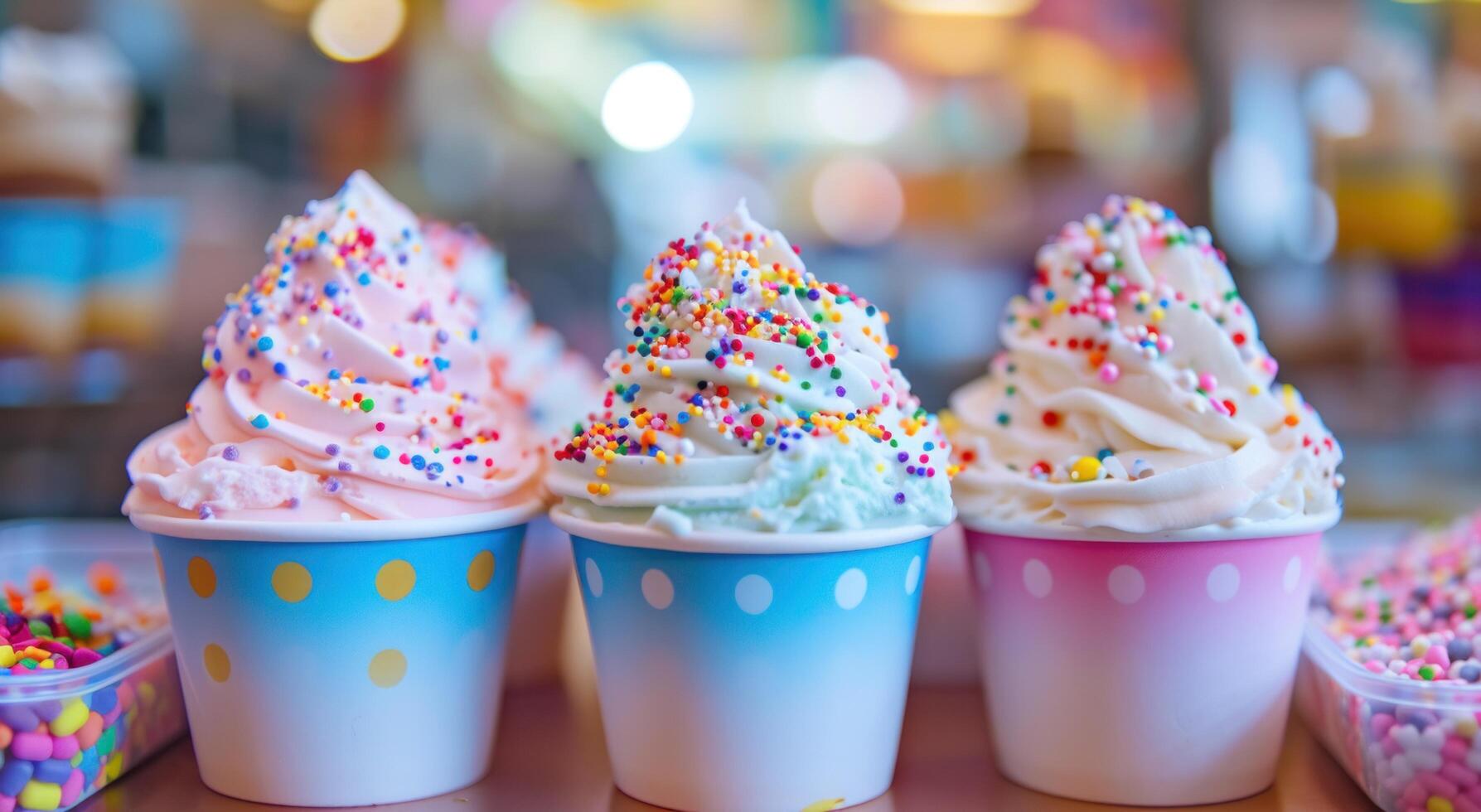 Colorful Soft Serve Ice Cream Cups with Sprinkles photo