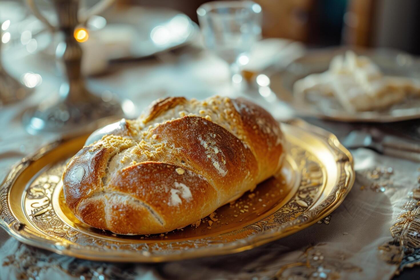 Traditional Braided Bread on an Elegant Table Setting photo