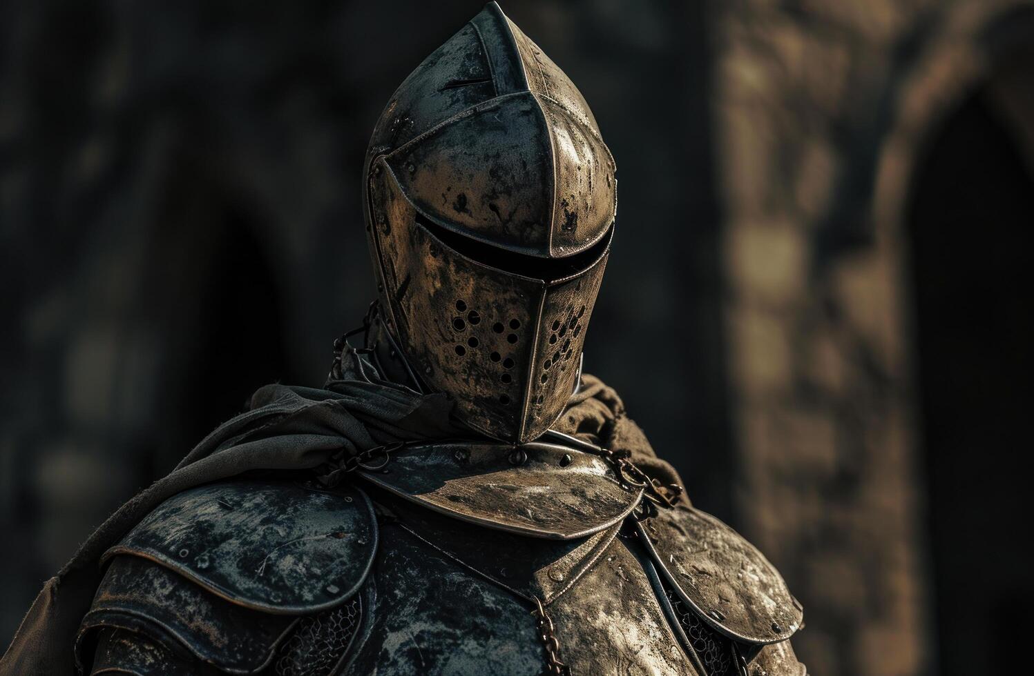 Medieval knight in armor standing guard photo