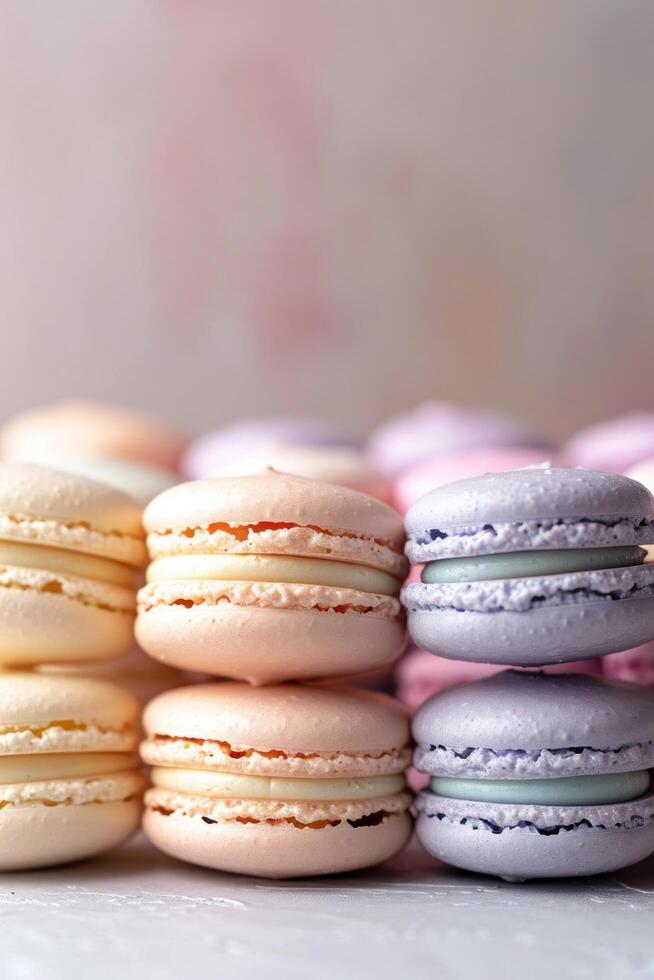 Colorful macarons stacked in a delicate arrangement photo