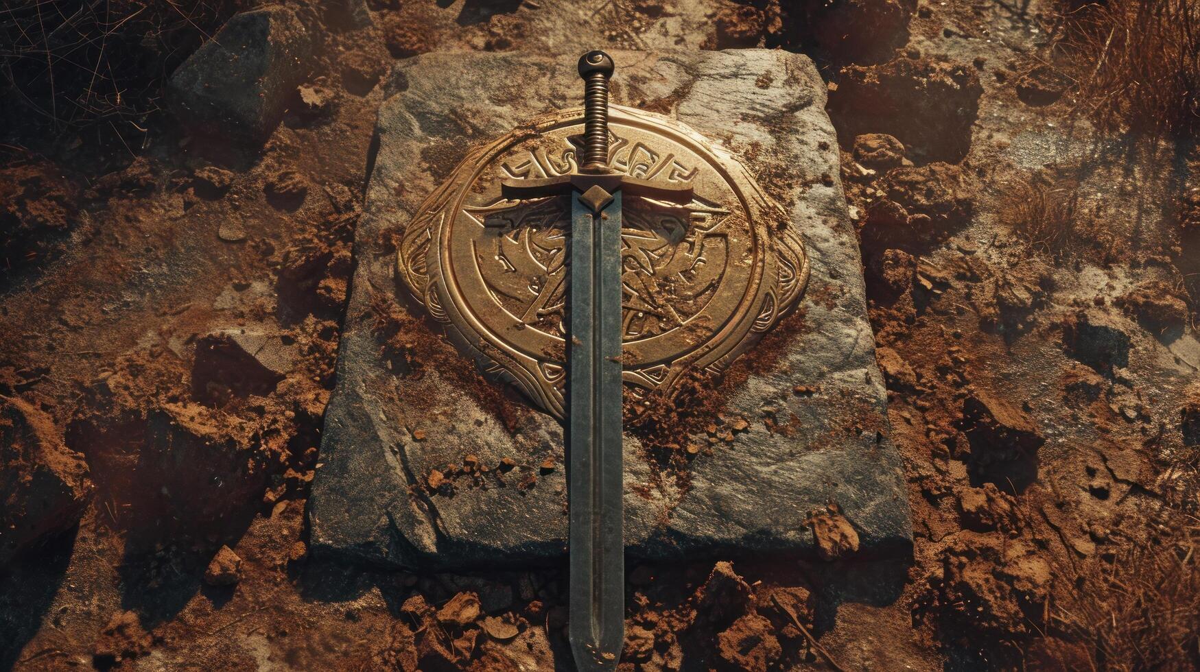 Medieval sword and shield on ancient battlefield photo