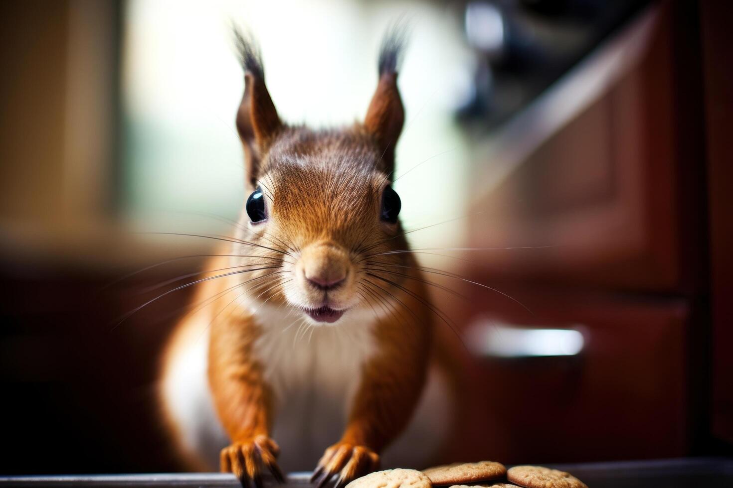 a squirrel standing on a bar with cookies photo