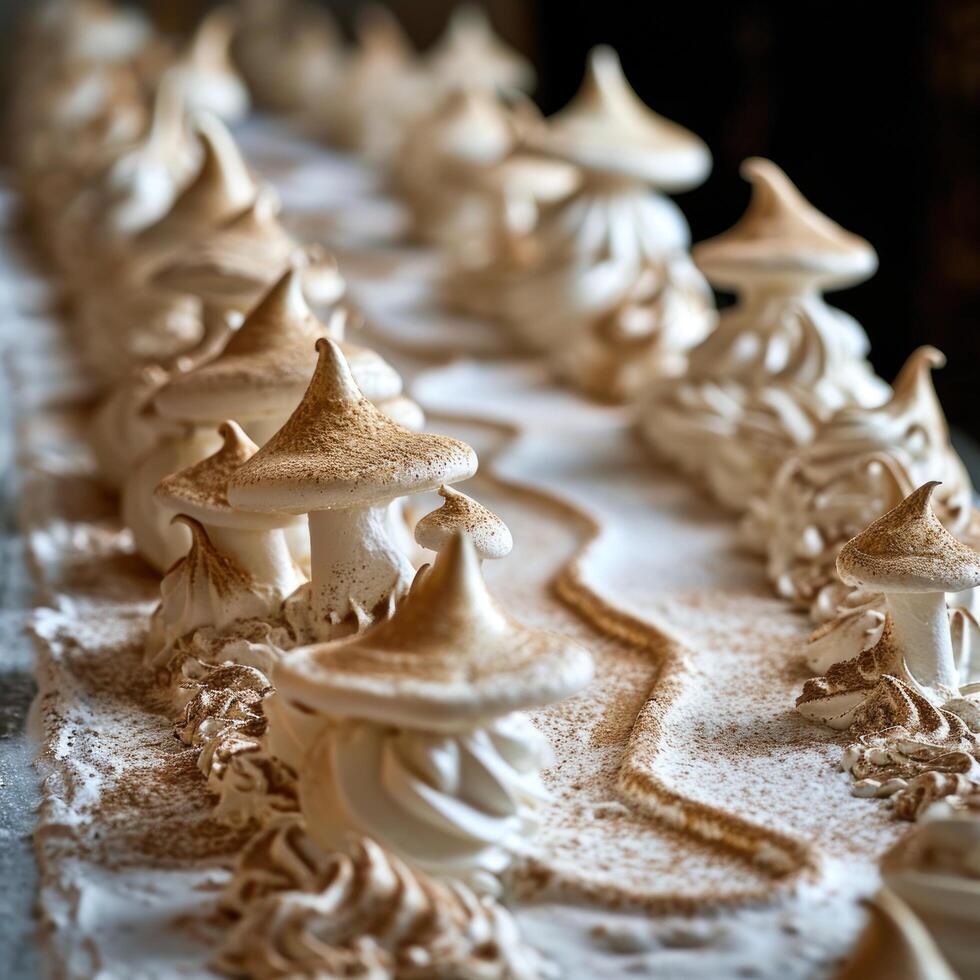 a line of meringue mushrooms photo