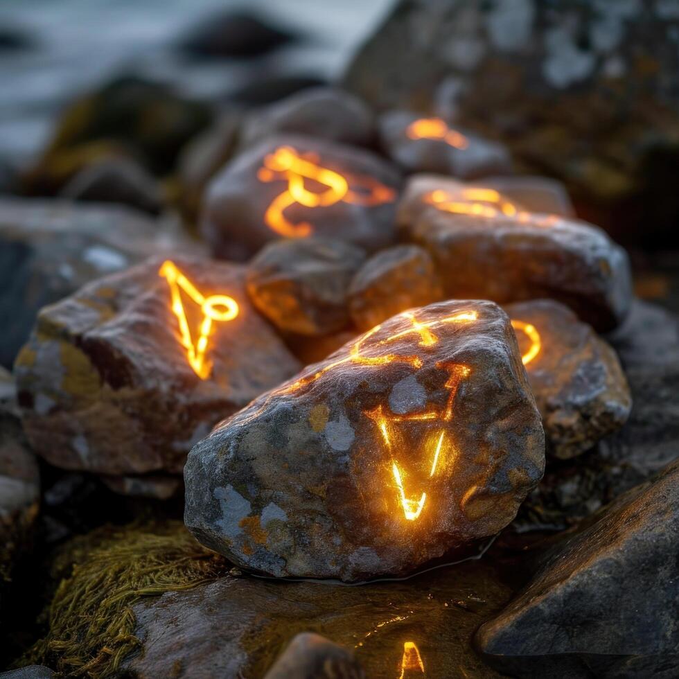 a group of rocks with glowing lights photo