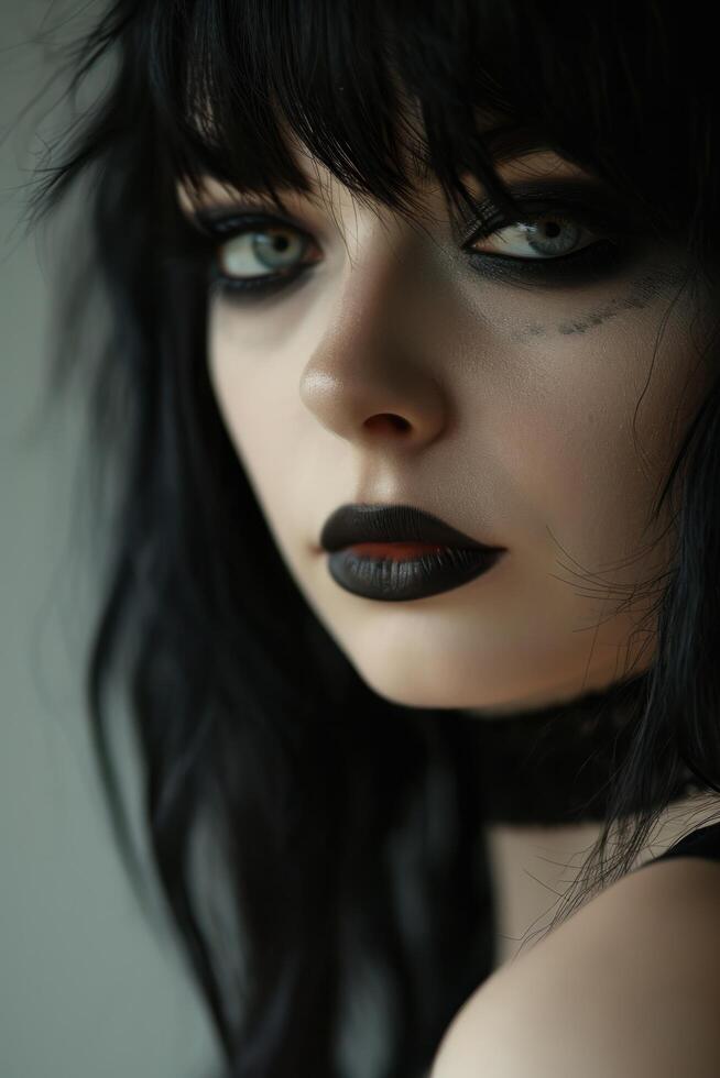 a woman with black hair and black makeup photo
