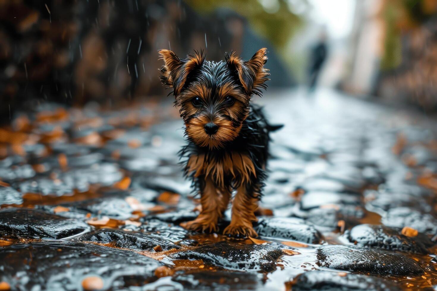 a wet dog standing on wet rocks photo