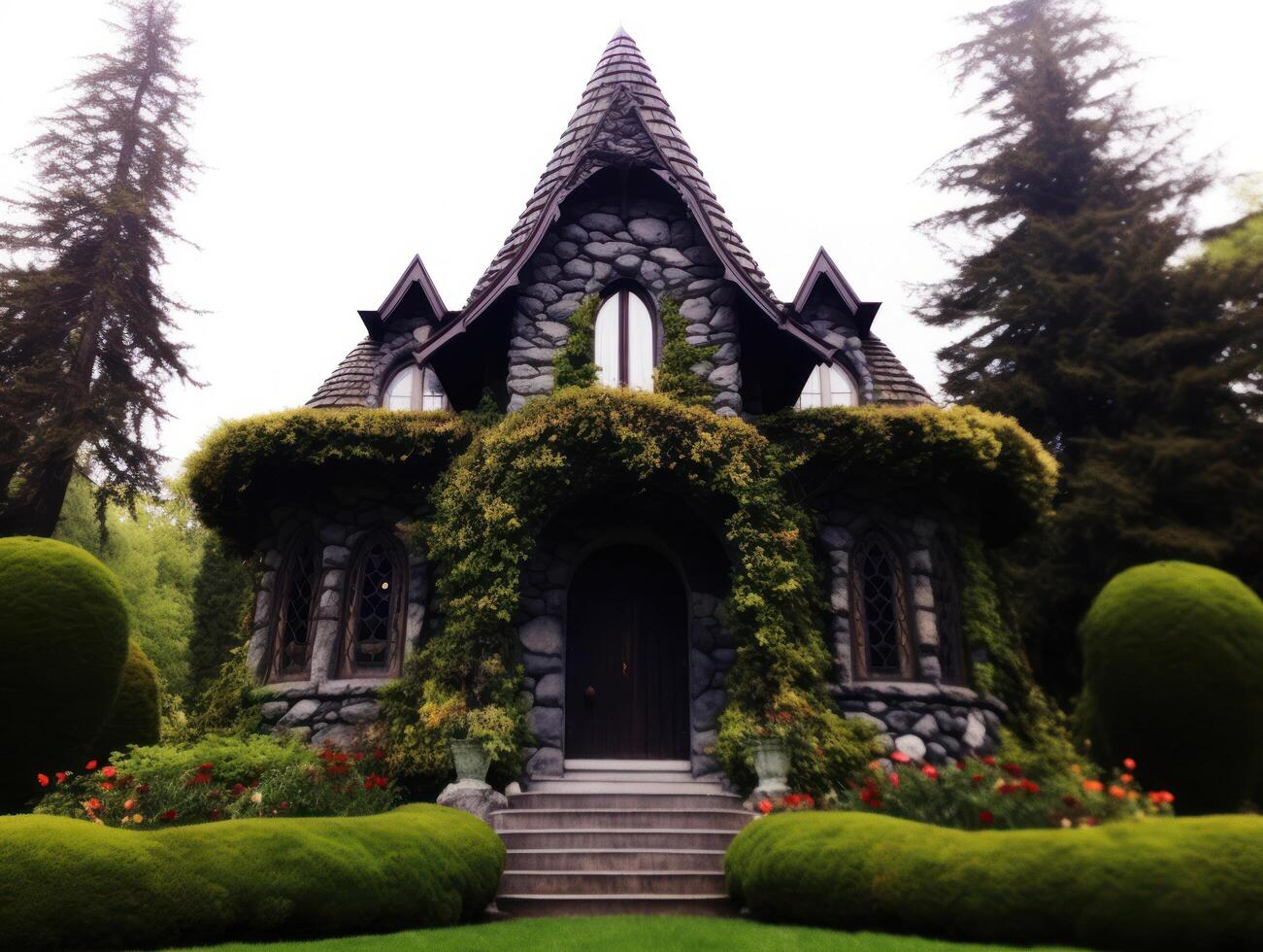 a house with a stone roof and a stone staircase photo