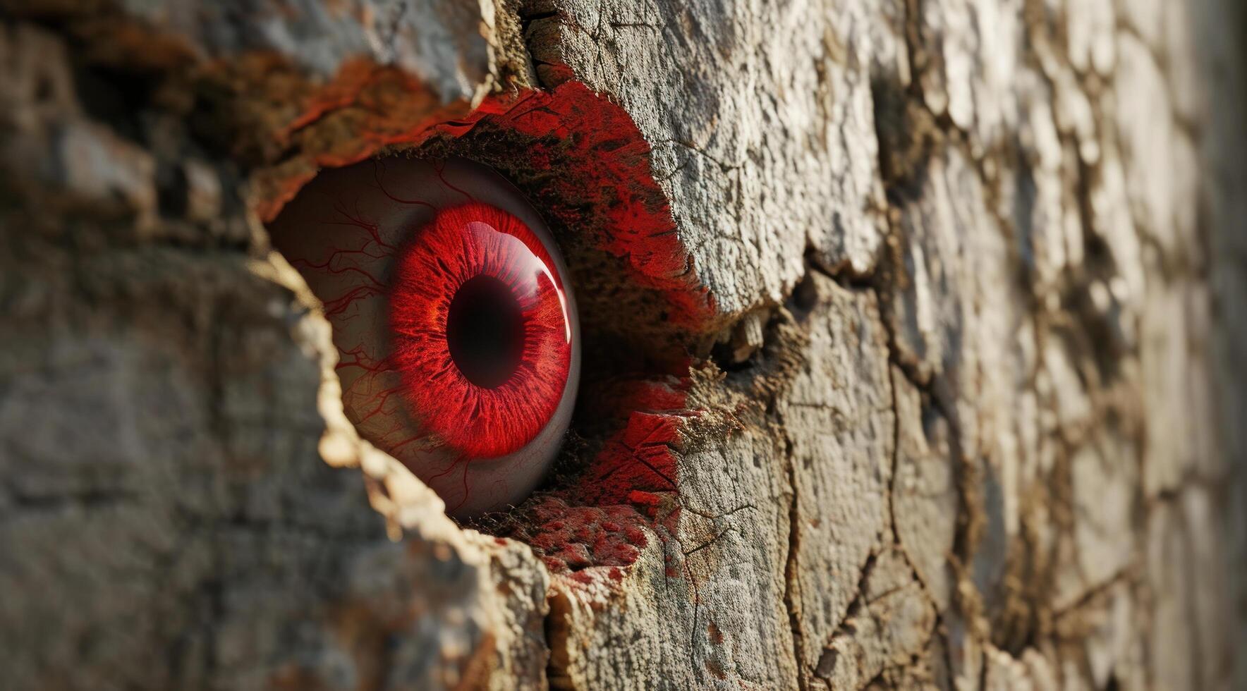 a red eyeball in a hole in a rock wall photo