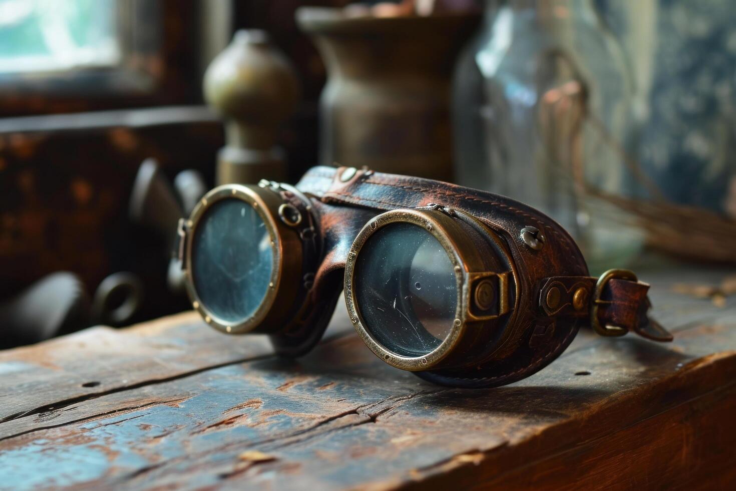 a pair of goggles on a table photo