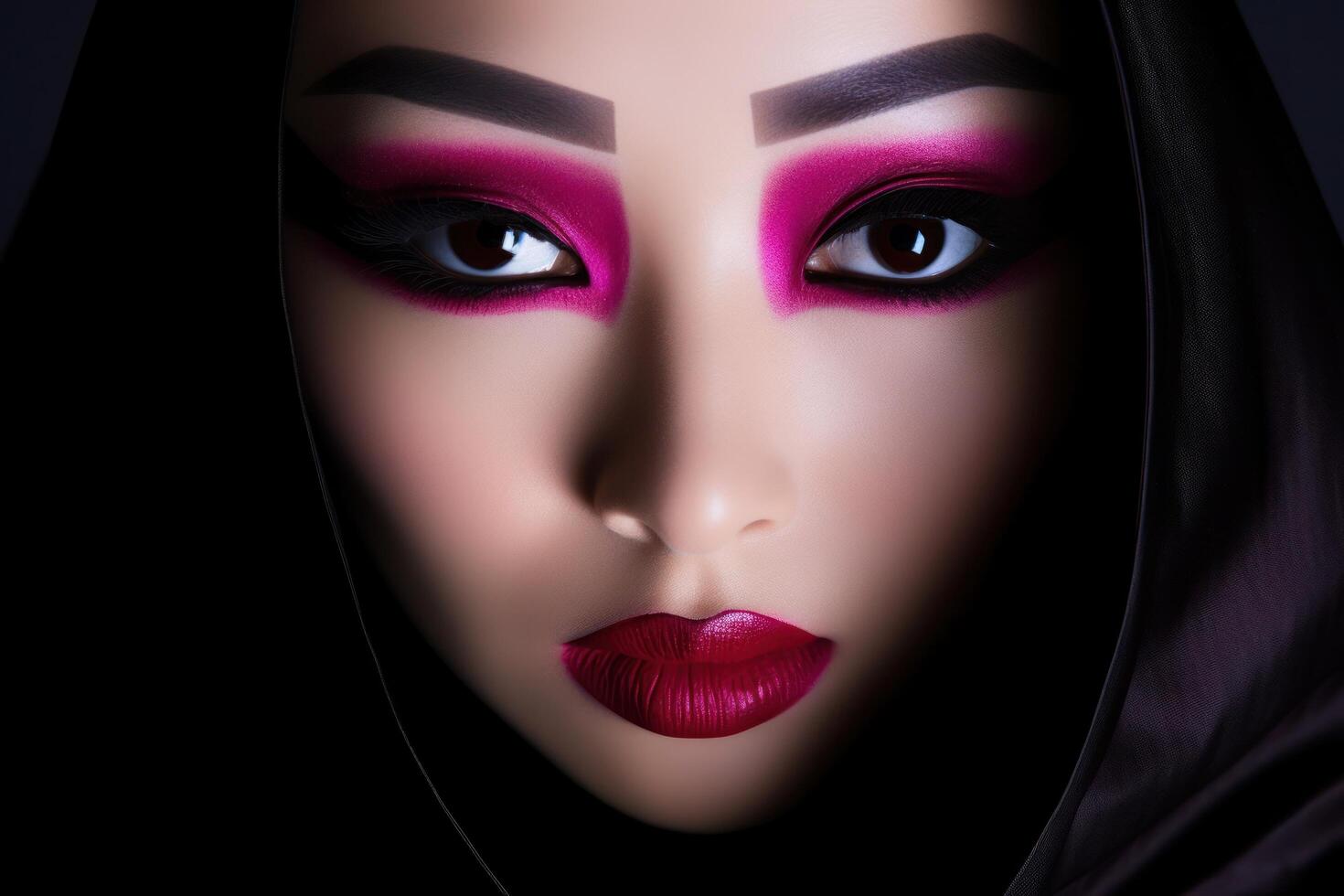 a woman with pink makeup and black eyebrows photo