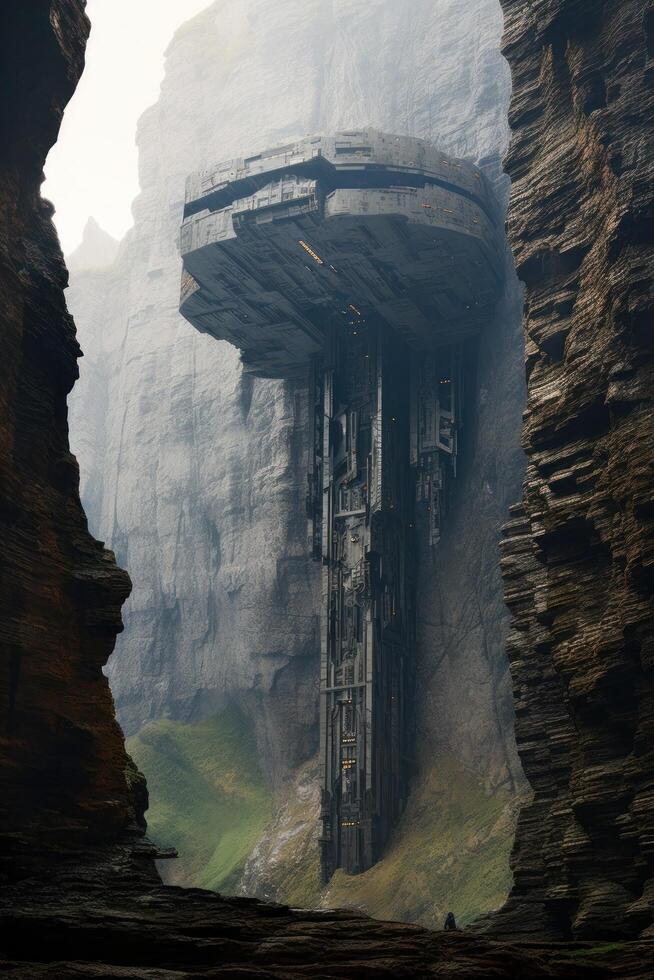 a large metal building in a rocky area photo
