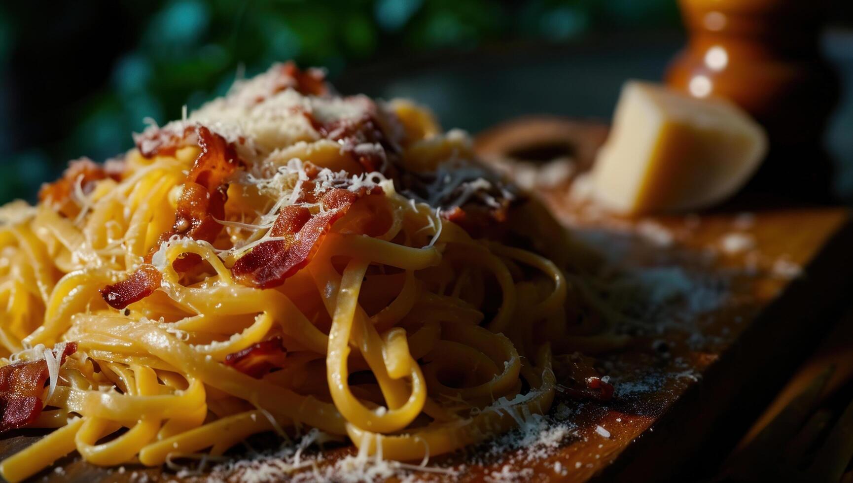 a plate of pasta with bacon and cheese photo