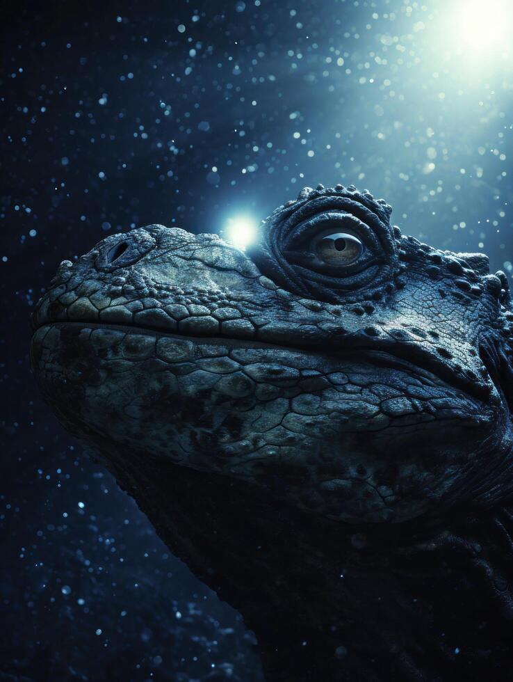 a reptile with a bright light shining on its face photo