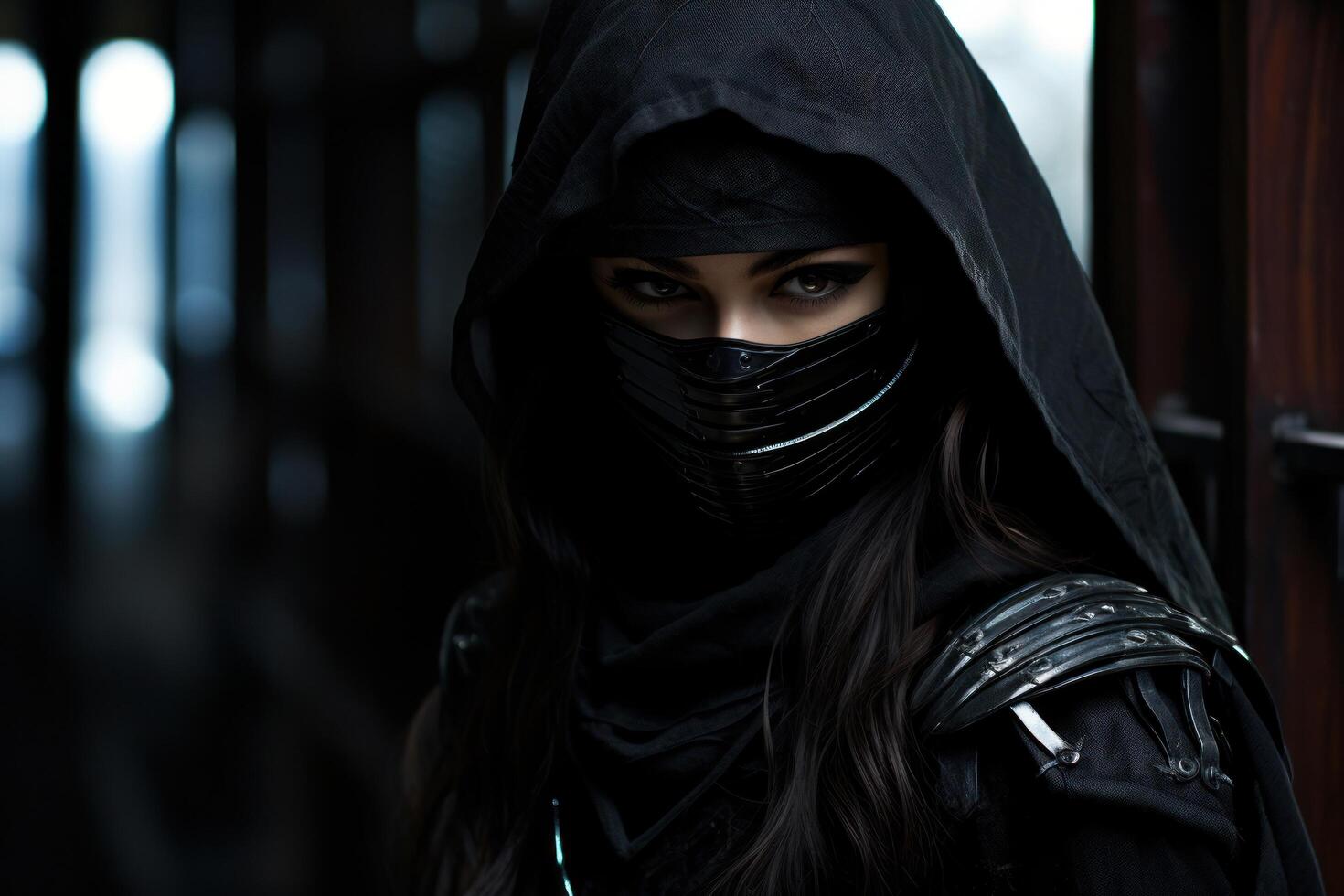 a woman wearing a black hood and face mask photo
