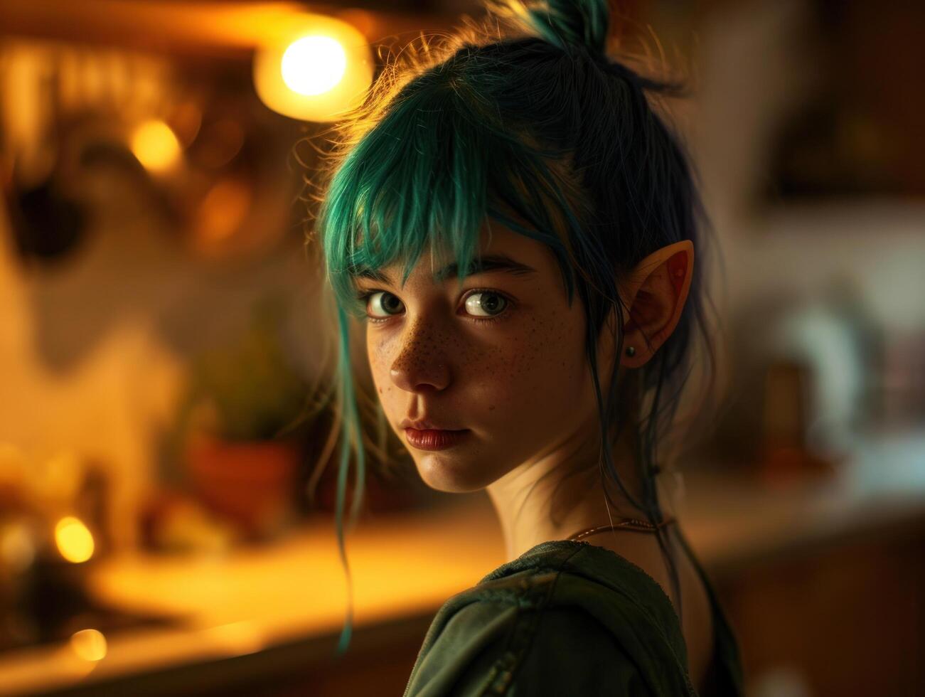 a girl with blue hair and earring photo