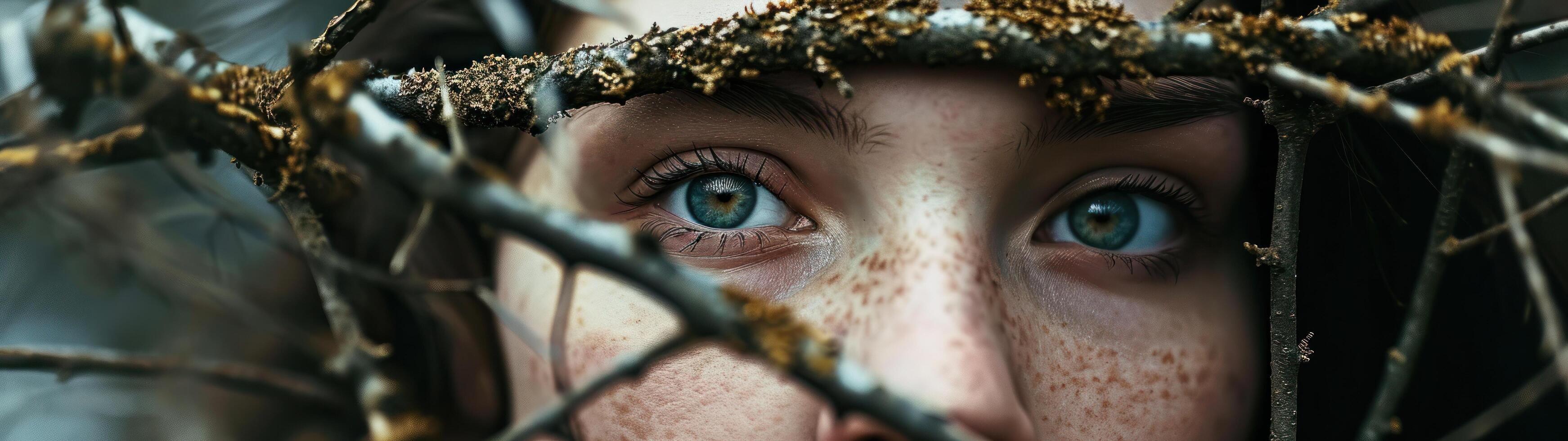 a person looking through a tree branch photo