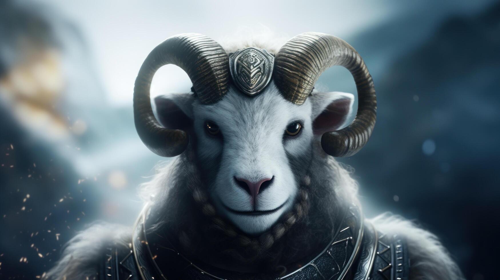 a ram with horns in armor photo