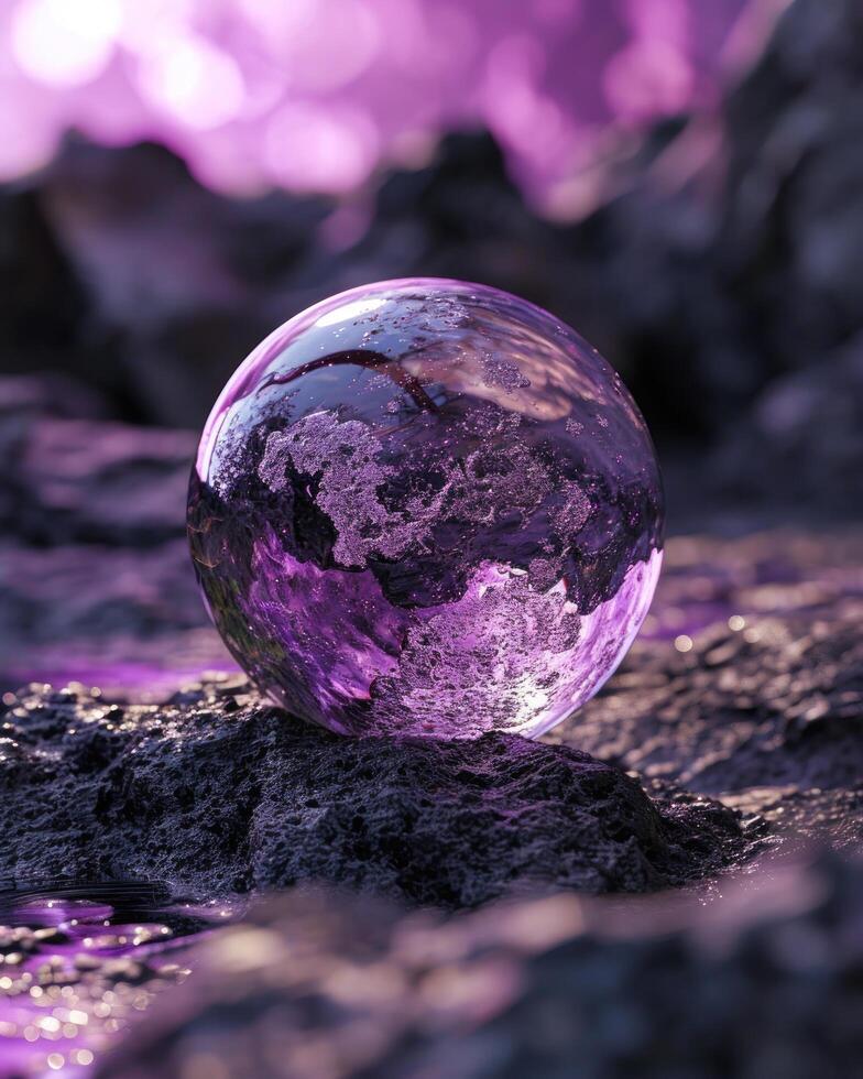 a purple sphere on a rocky surface photo