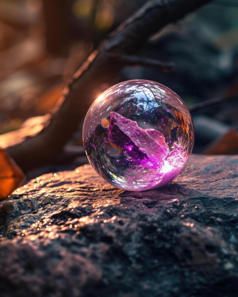 a crystal ball with purple and pink crystals inside photo