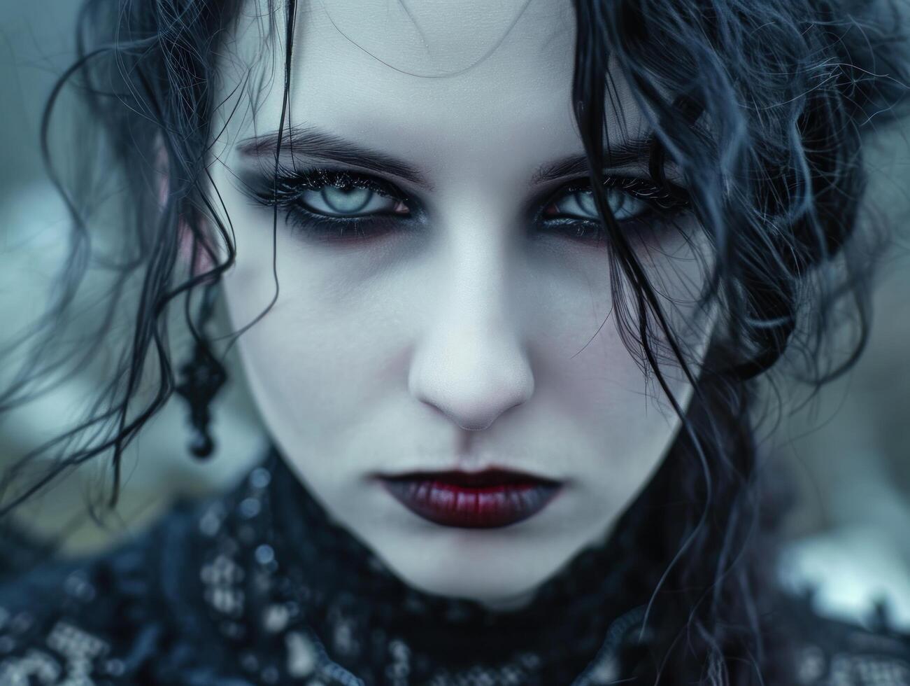 a woman with dark makeup and black hair photo