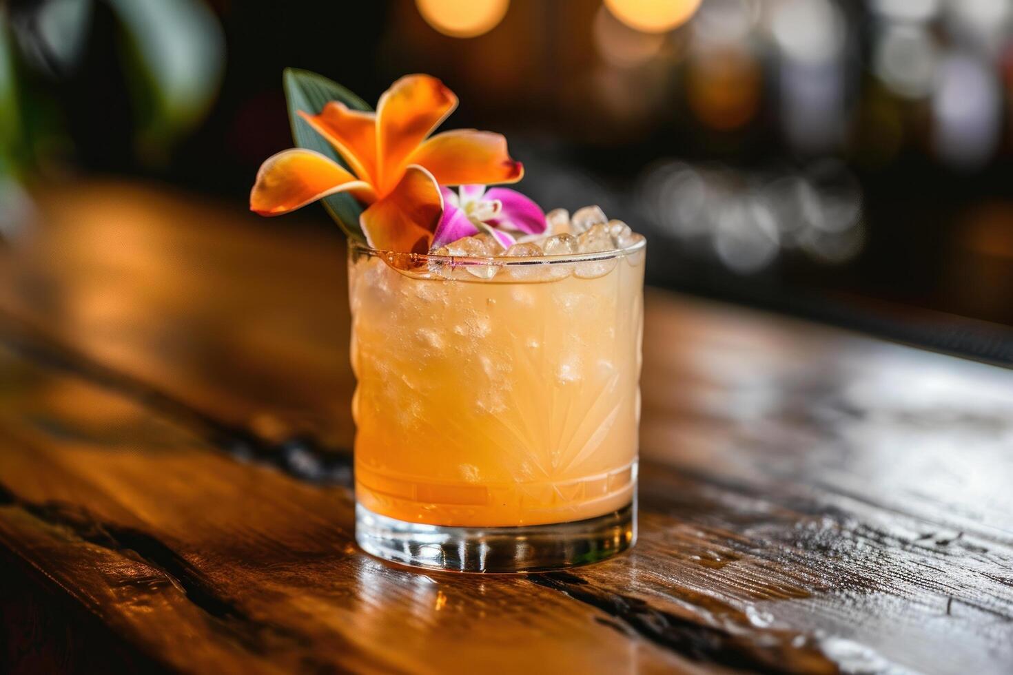 a glass with a drink and a flower on it photo