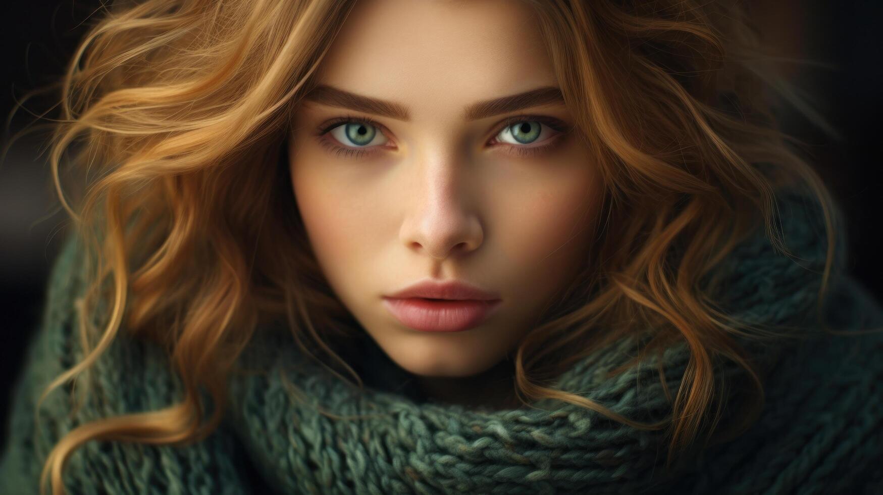 a woman with green eyes and a scarf photo