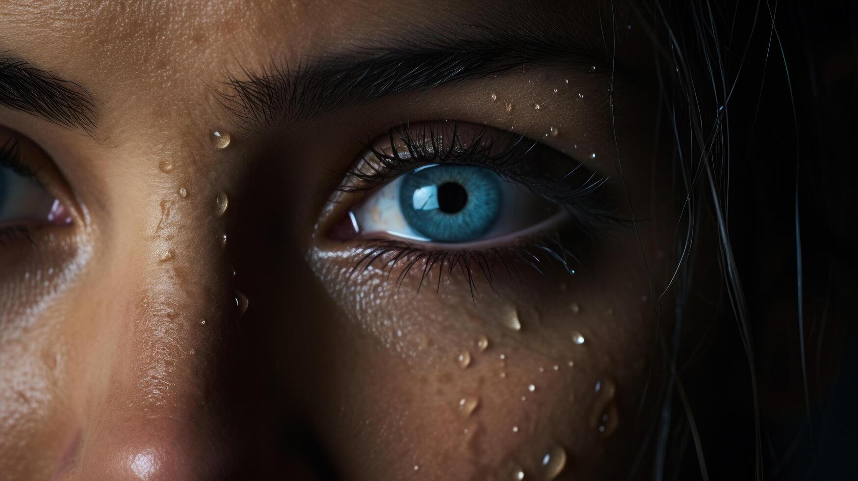 close up of a persons eye with water droplets on it photo