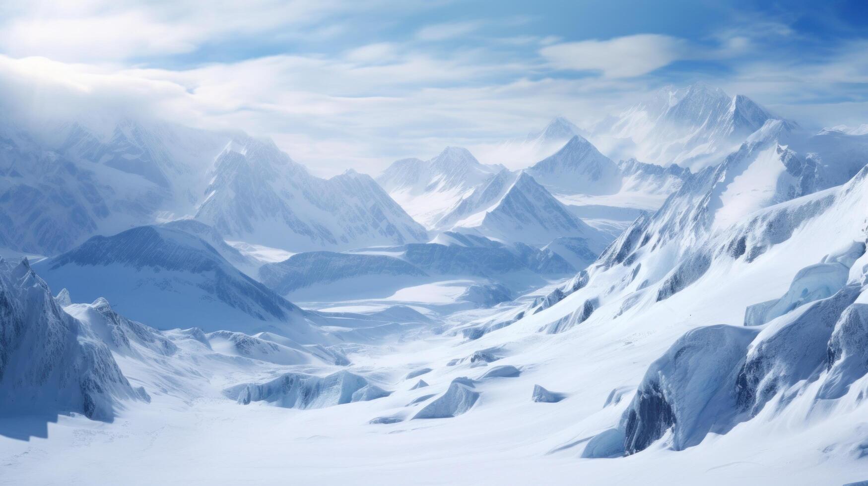 a snowy mountain range with clouds photo