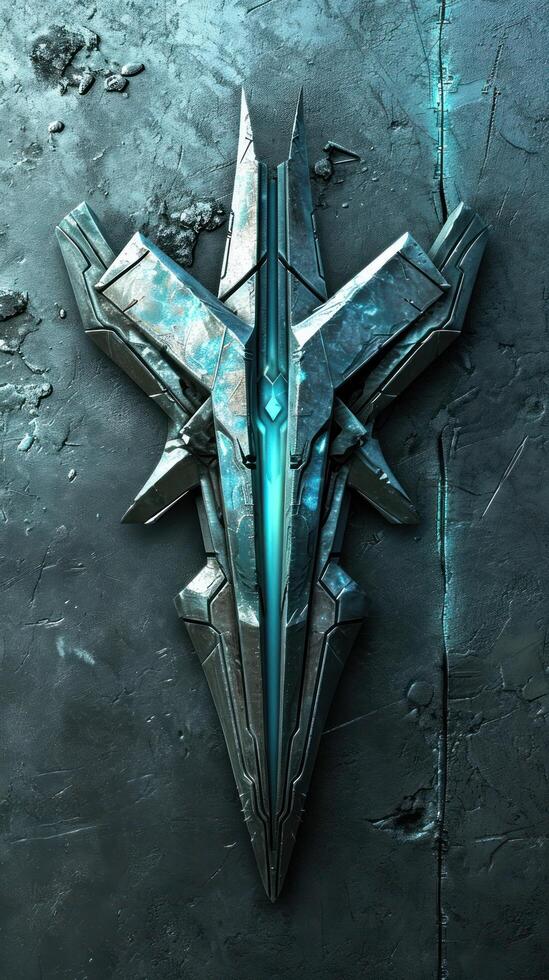 a metal sword with a blue light photo