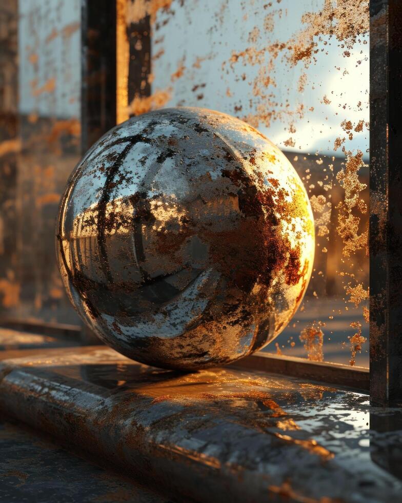 a metal ball on a window sill photo