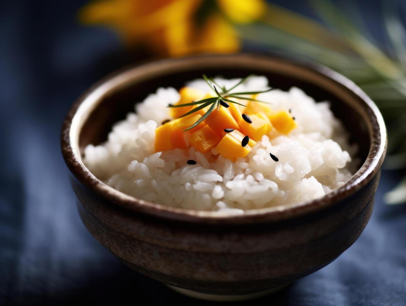 a bowl of rice with mango and black seeds photo