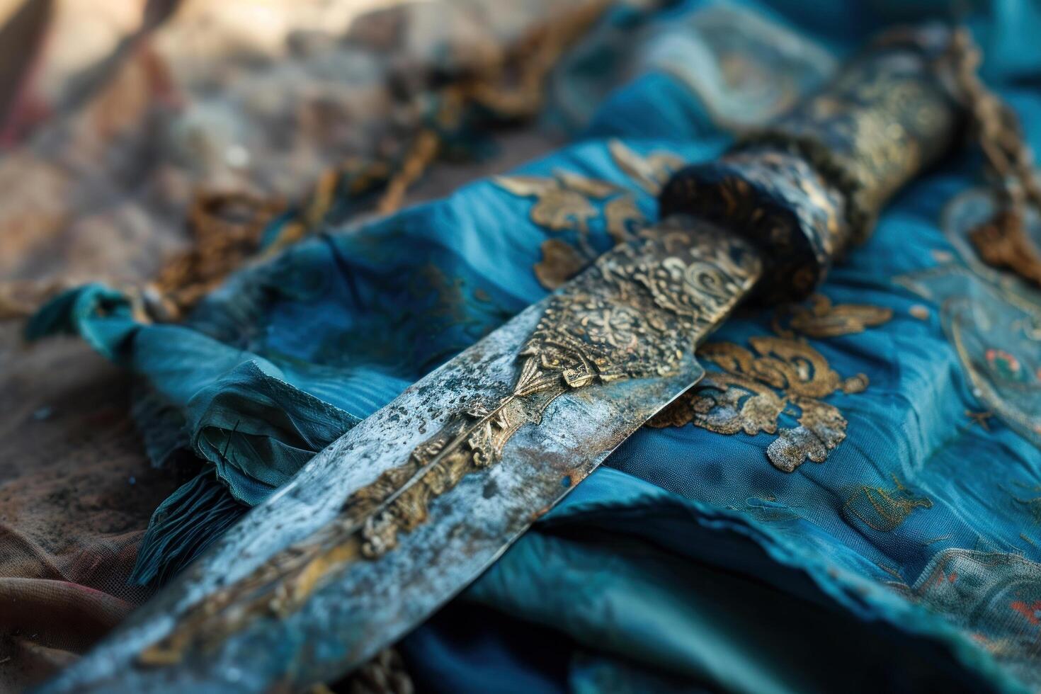 a knife on a blue cloth photo