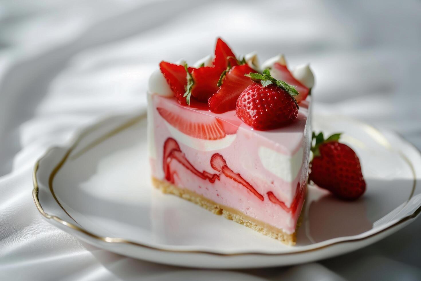 a piece of cake with strawberries on top photo