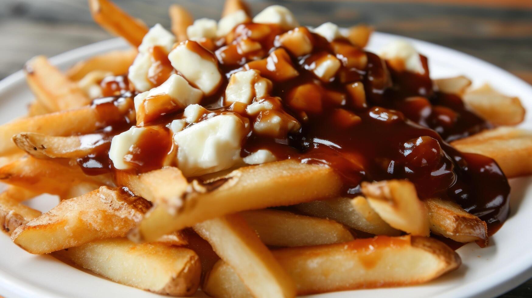 a plate of french fries with gravy and cheese photo